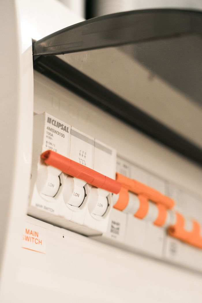 Home Close-up view of Clipsal electrical circuit breakers in a distribution board.